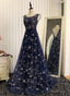 Navy Blue Shiny Tulle A-line Round Neckline Long Party Dress, Blue Prom Dresses