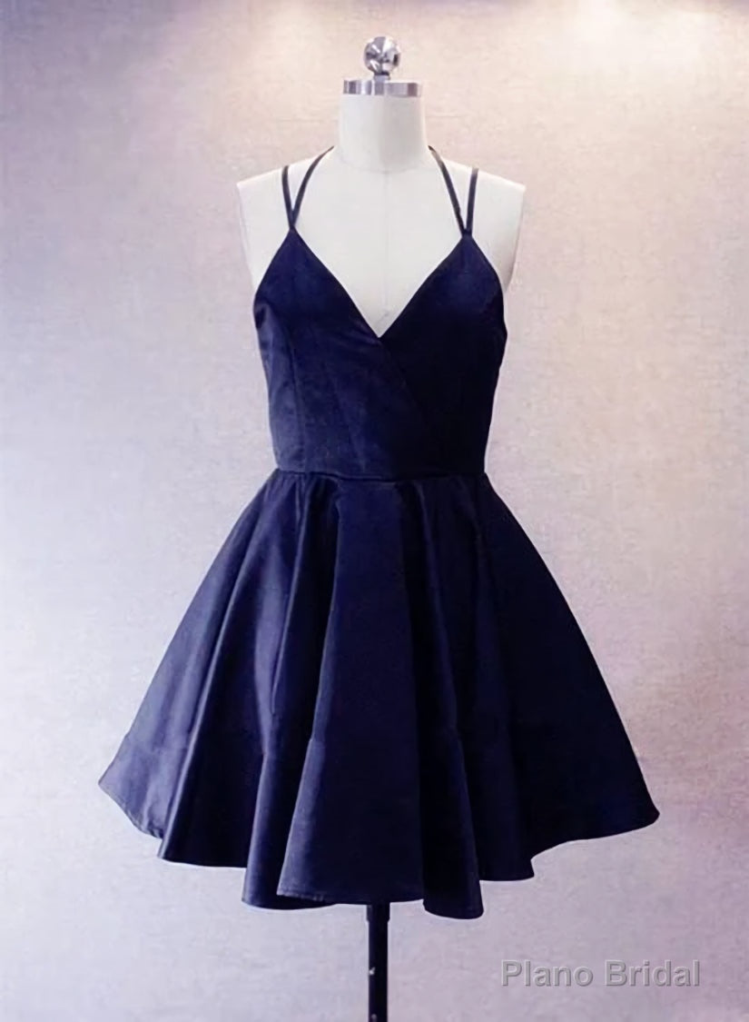 Navy Blue Short Straps Satin Homecoming Dresses, Lovely Simple Prom Dress Main image