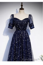 Navy Blue Simple Tulle Short Sleeves Formal Prom Dresses, Navy Blue Long Evening Dresses