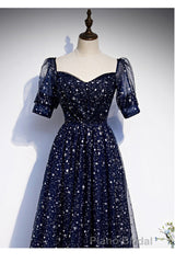 Navy Blue Simple Tulle Short Sleeves Formal Prom Dresses, Navy Blue Long Evening Dresses