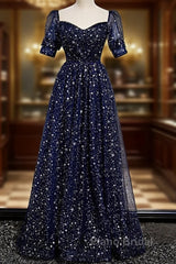 Navy Blue Simple Tulle Short Sleeves Formal Prom Dresses, Navy Blue Long Evening Dresses