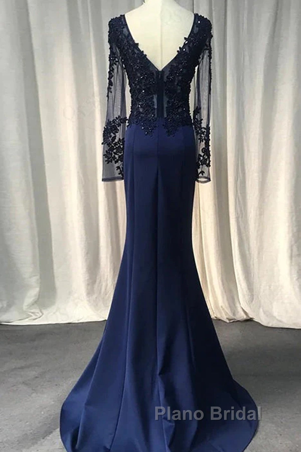 Navy Blue Spandex Long Sleeves Mermaid Evening Dresses, Navy Blue Formal Prom Dresses Secondary image