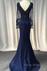 Navy Blue Spandex Long Sleeves Mermaid Evening Dresses, Navy Blue Formal Prom Dresses