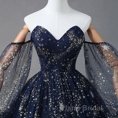 Navy Blue Tulle A-Line Long Party Dresses Evening Dresses, Navy Blue Long Formal Prom Dresses