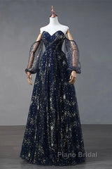 Navy Blue Tulle A-Line Long Party Dresses Evening Dresses, Navy Blue Long Formal Prom Dresses