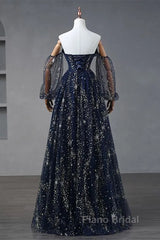 Navy Blue Tulle A-Line Long Party Dresses Evening Dresses, Navy Blue Long Formal Prom Dresses