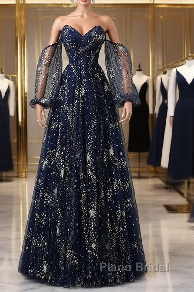 Navy Blue Tulle A-Line Long Party Dresses Evening Dresses, Navy Blue Long Formal Prom Dresses Main image