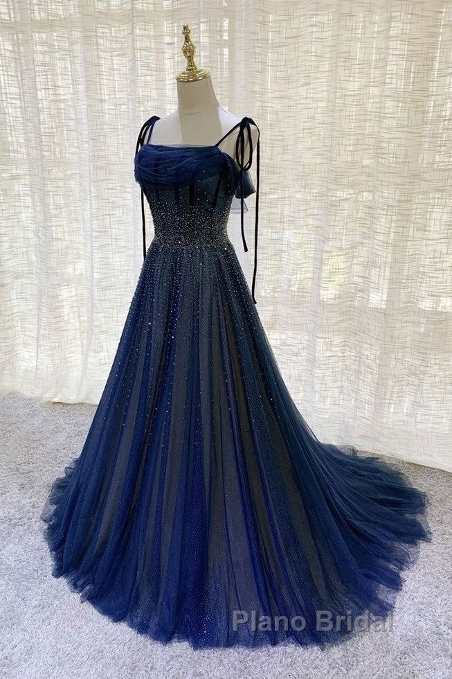 Navy Blue Tulle Beaded Long Formal Prom Dresses Evening Dresses Secondary image