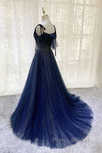 Navy Blue Tulle Beaded Long Formal Prom Dresses Evening Dresses