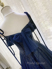 Navy Blue Tulle Beaded Long Formal Prom Dresses Evening Dresses