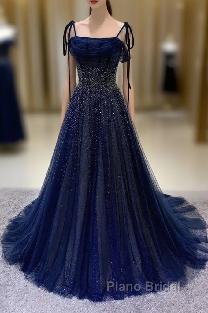 Navy Blue Tulle Beaded Long Formal Prom Dresses Evening Dresses Main image