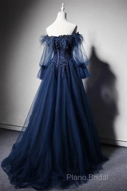 Navy Blue Tulle Lace Beading Off-Shoulder Formal Dresses Formal Prom Dresses Secondary image
