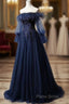 Navy Blue Tulle Lace Beading Off-Shoulder Formal Dresses Formal Prom Dresses