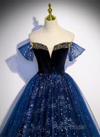Navy Blue Tulle Off Shoulder Beaded Long Party Dresses, Navy Blue Tulle Formal Prom Dresses