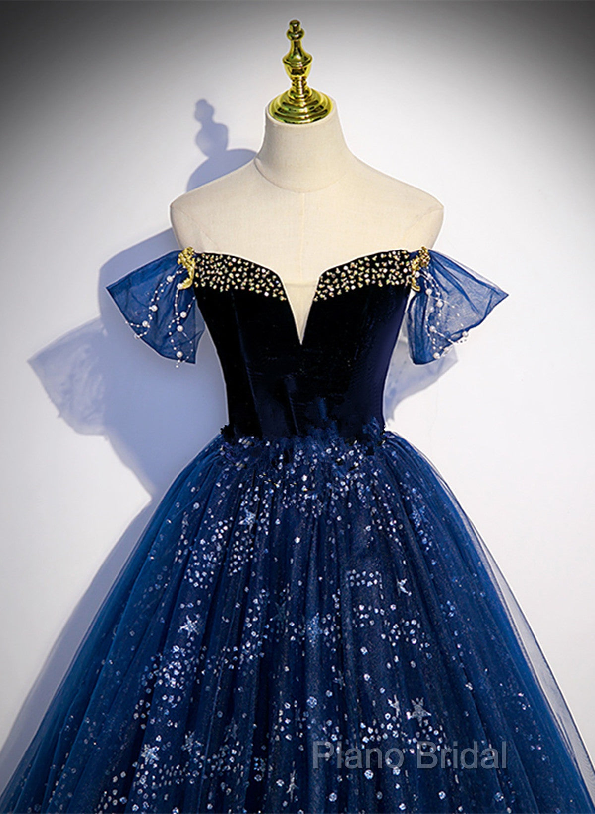 Navy Blue Tulle Off Shoulder Beaded Long Party Dresses, Navy Blue Tulle Formal Prom Dresses