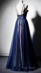 Navy Blue Tulle V Neck Long Women Formal Prom Dresses, Lace Up Formal Dresses