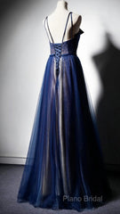 Navy Blue Tulle V Neck Long Women Formal Prom Dresses, Lace Up Formal Dresses