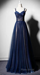 Navy Blue Tulle V Neck Long Women Formal Prom Dresses, Lace Up Formal Dresses
