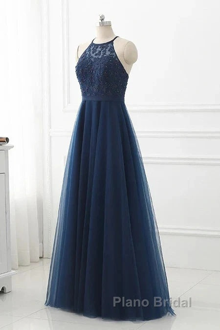 Navy Blue Tulle With Lace Applique Long Party Dresses Formal Prom Dresses Sleeveless Elegant Secondary image