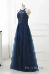 Navy Blue Tulle With Lace Applique Long Party Dresses Formal Prom Dresses Sleeveless Elegant