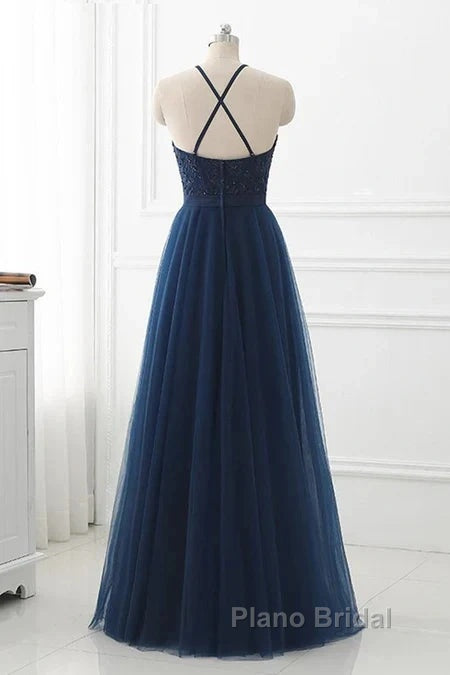 Navy Blue Tulle With Lace Applique Long Party Dresses Formal Prom Dresses Sleeveless Elegant