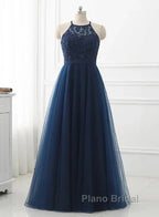 Navy Blue Tulle With Lace Applique Long Party Dresses Formal Prom Dresses Sleeveless Elegant