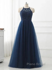 Navy Blue Tulle With Lace Applique Long Party Dresses Formal Prom Dresses Sleeveless Elegant