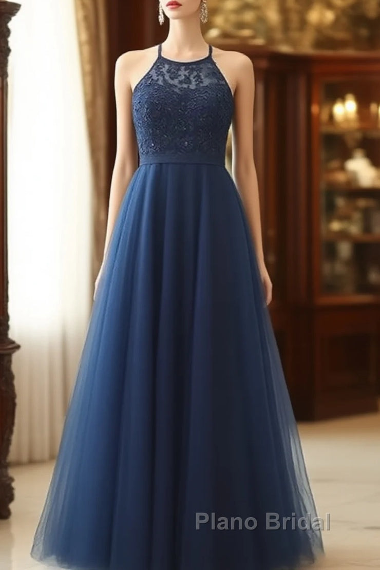 Navy Blue Tulle With Lace Applique Long Party Dresses Formal Prom Dresses Sleeveless Elegant Main image
