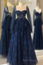 Navy Blue Tulle With Lace Long Sleeves Formal Prom Dresses, Navy Blue Party Dresses