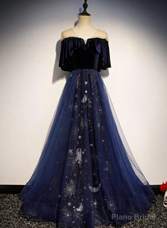 Navy Blue Velvet and Tulle Long Party Dress A-line Blue Evening Dress prom dresses shops