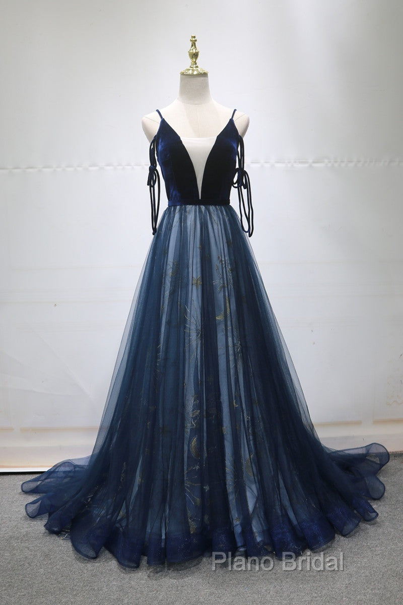Navy Blue Velvet And Tulle Long Formal Prom Dresses Party Dresses, Navy Blue Formal Dresses Secondary image