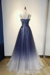 Navy Gradient A Line Tulle Long Formal Formal Prom Dresses