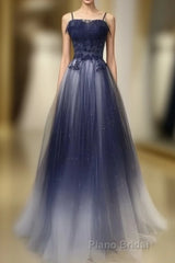 Navy Gradient A Line Tulle Long Formal Formal Prom Dresses