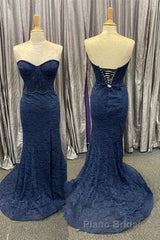 Mint Green Lace Strapless Mermaid  Long Formal Prom Dresses with Slit