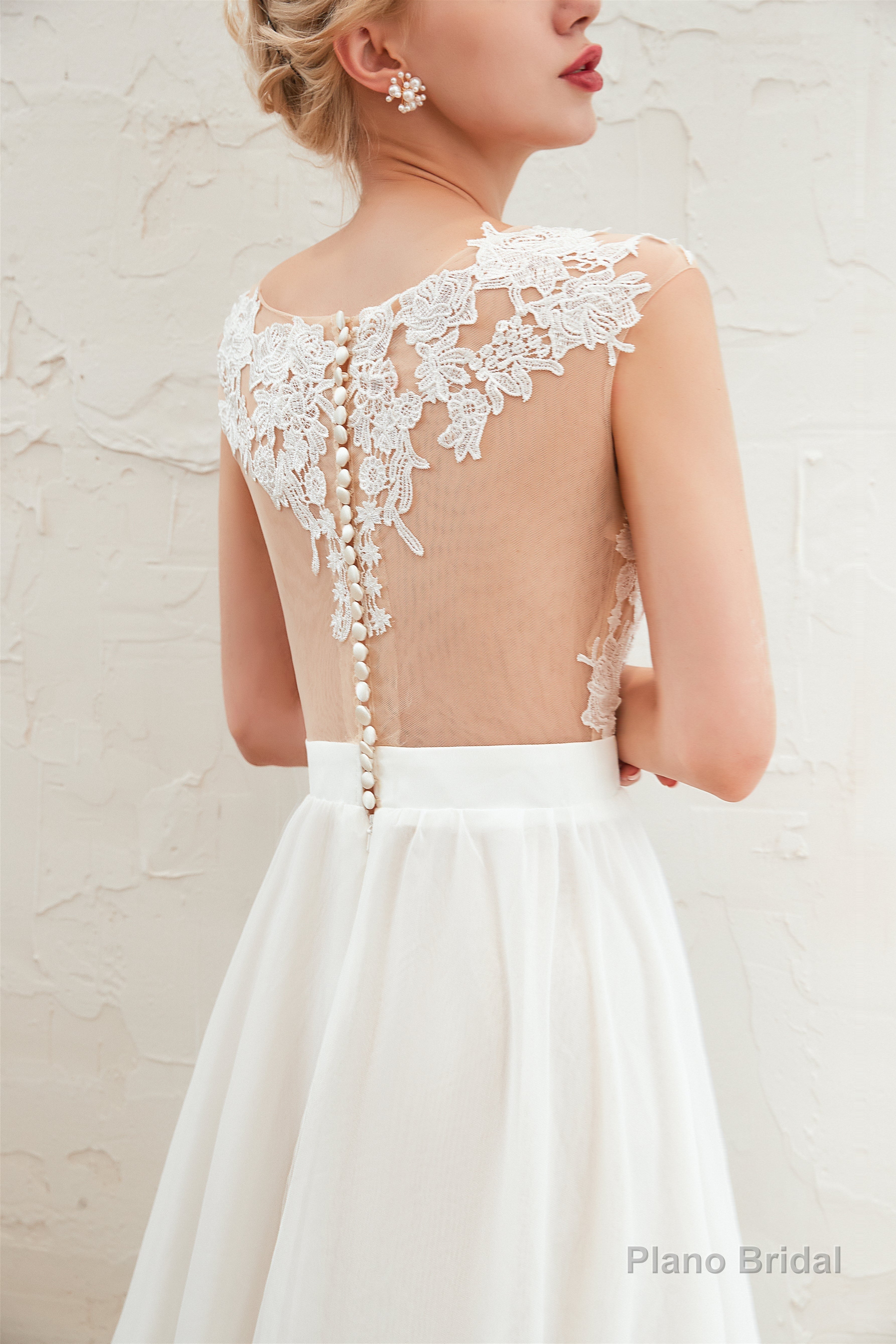 Neck Lace Top White Wedding Dresses with Slit