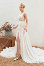 Neck Lace Top White Wedding Dresses with Slit