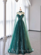New A-Line Dark Green Formal Prom Dresses, Off-The-Shoulder Formal Prom Dresses With Cape, Sweeping Tail Formal Prom Dresses