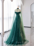 New A-Line Dark Green Formal Prom Dresses, Off-The-Shoulder Formal Prom Dresses With Cape, Sweeping Tail Formal Prom Dresses