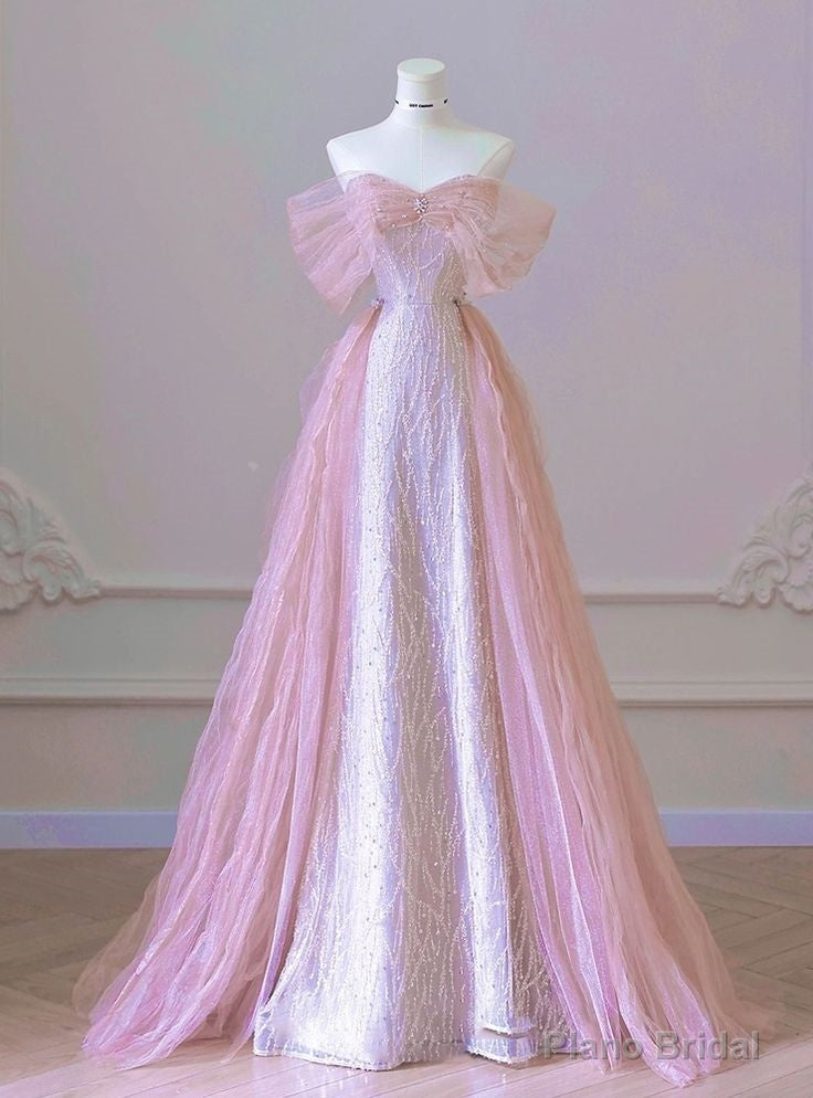 New Arrival A line Off The Shoulder Short Sleeves Pleated Sequin Pink Floor Length Prom Dresses Main image