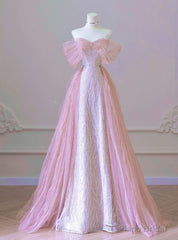 New Arrival A line Off The Shoulder Short Sleeves Pleated Sequin Pink Floor Length Prom Dresses