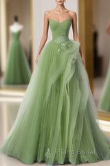 New Arrival A-Line Tulle Lace Green Long Formal Prom Dresses, Green Lace Long Formal Dresses