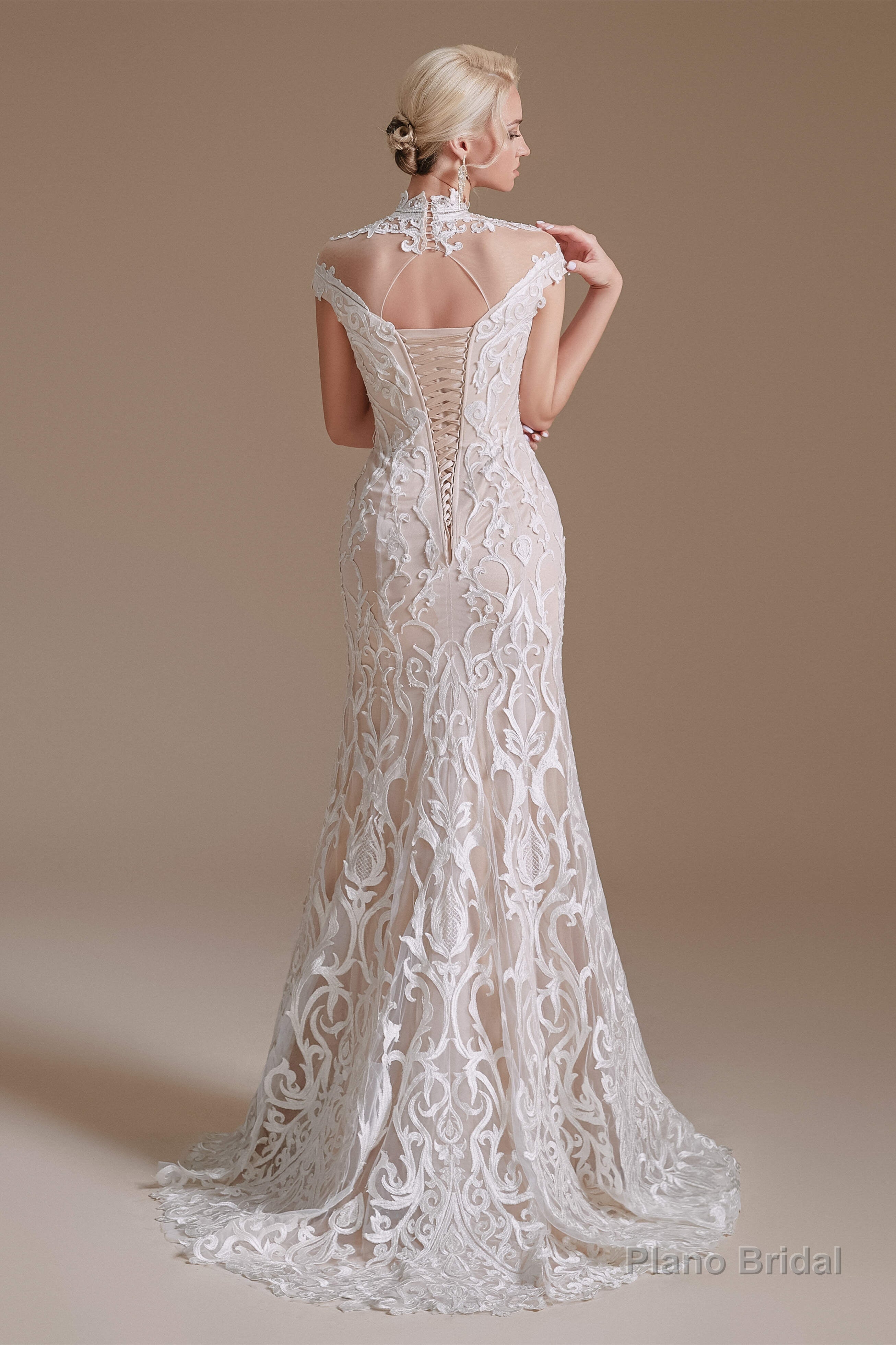 Lace Beading around Neck Wedding Dresses