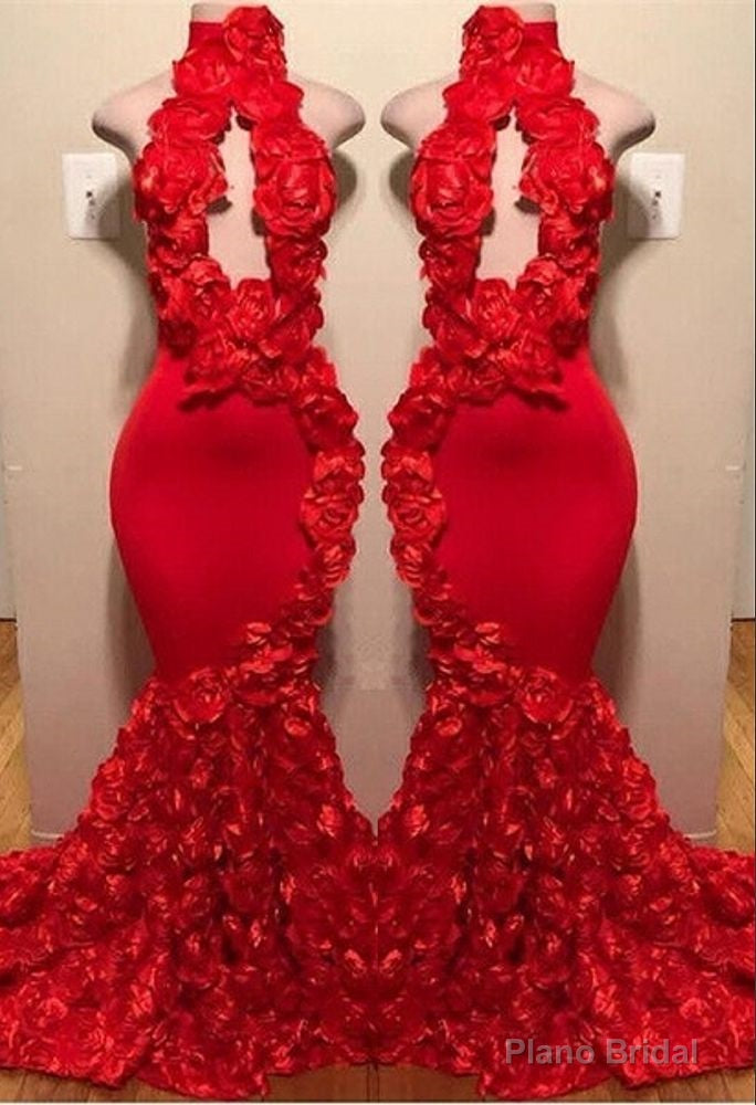 New Arrival Red Keyhole Mermaid Flowers Halter Sleeveless Long Prom Dresses