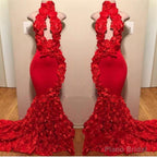New Arrival Red Keyhole Mermaid Flowers Halter Sleeveless Long Prom Dresses