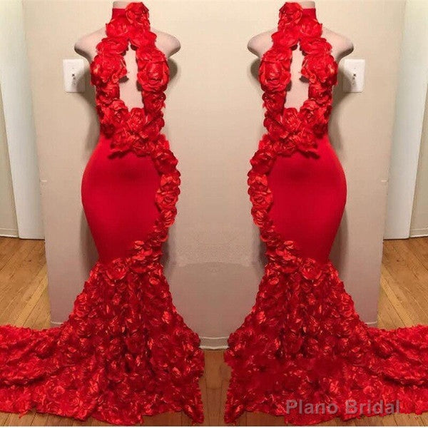 New Arrival Red Keyhole Mermaid Flowers Halter Sleeveless Long Prom Dresses