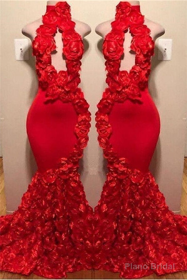 New Arrival Red Keyhole Mermaid Flowers Halter Sleeveless Long Prom Dresses Main image