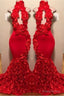 New Arrival Red Keyhole Mermaid Flowers Halter Sleeveless Long Prom Dresses