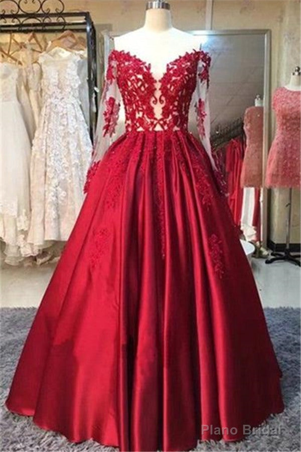 New Arrival Red Prom Dresses Off-the-Shoulder Lace Appliques Long Sleevess Puffy Evening Gowns