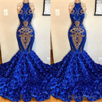 New Arrival Royal Blue Halter Mermaid Prom Dresses Gorgeous Sleeveless Flowers Long Evening Gowns