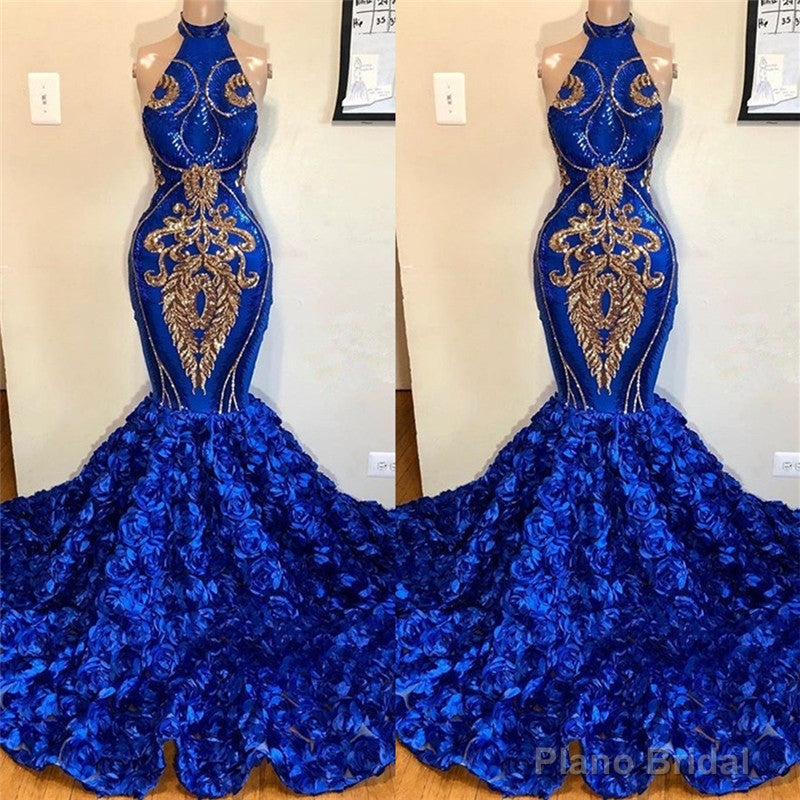 New Arrival Royal Blue Halter Mermaid Prom Dresses Gorgeous Sleeveless Flowers Long Evening Gowns
